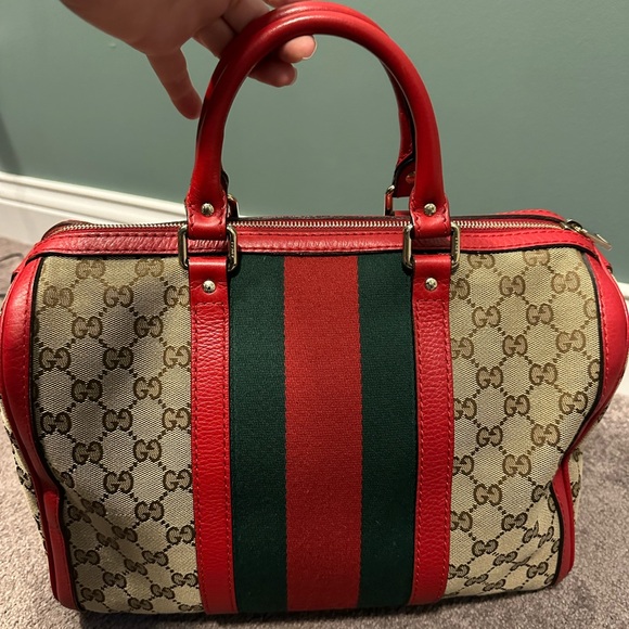 Gucci Boston bag brown monogram with red leather - Picture 6 of 16